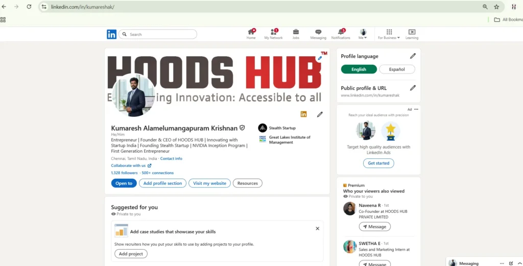 LInkedin Personal Profile of Hoods Hub Founder